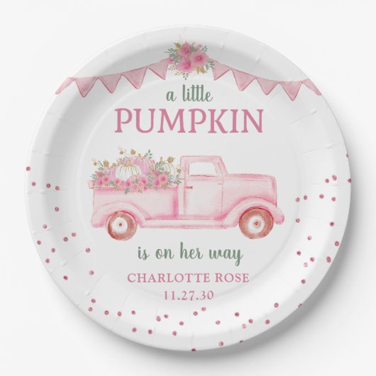 Roze Pompoen Vrachtwagen Baby shower Papier Bord (Voorkant)