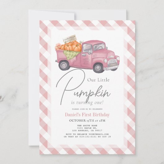 Roze Pompoen Vrachtwagen Gingham Meisje 1e Verjaar Kaart (Voorkant)