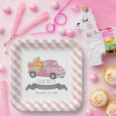 Roze Pompoen Vrachtwagen Gingham Meisje 1e Verjaar Papieren Bordje (Feest)