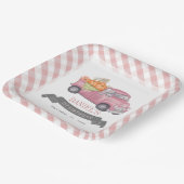 Roze Pompoen Vrachtwagen Gingham Meisje 1e Verjaar Papieren Bordje (Gebogen)