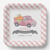 Roze Pompoen Vrachtwagen Gingham Meisje 1e Verjaar Papieren Bordje (Voorkant)