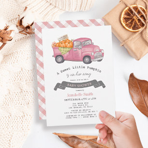 Roze Pompoen Vrachtwagen Gingham Meisje Baby showe Kaart