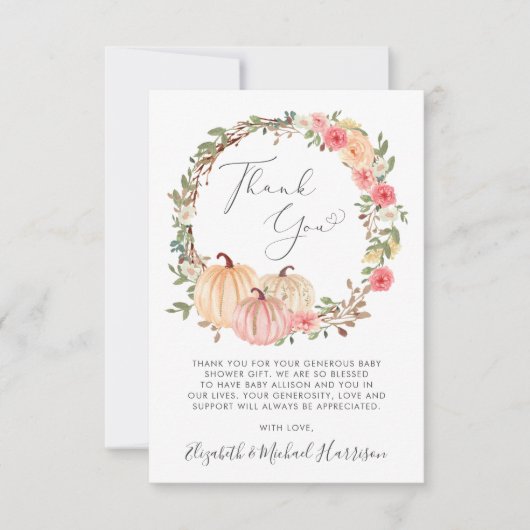Roze Pompoen Waterverf Baby shower Dank u kaart (Voorkant)