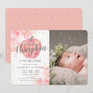 Roze pompoen Waterverf meisje Foto 1e verjaardag Kaart