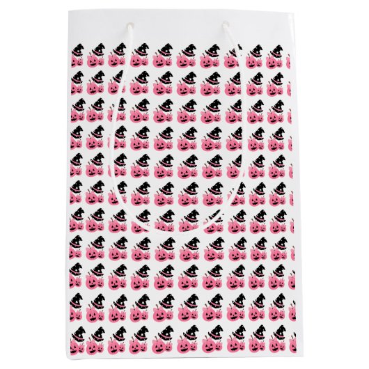 Roze Pompoen & Zwart Pet Halloween Gift Paper Bag Medium Cadeauzakje (Voorkant)