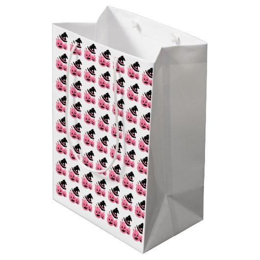Roze Pompoen & Zwart Pet Halloween Gift Paper Bag Medium Cadeauzakje (Achterkant Gekanteld)