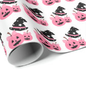 Roze Pompoen & Zwart Pet Halloween Verpakkingsdocu Cadeaupapier (Rol Hoek)