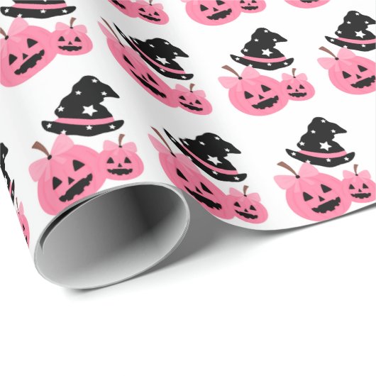 Roze Pompoen & Zwart Pet Halloween Verpakkingsdocu Cadeaupapier (Rol Hoek)