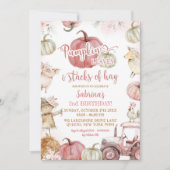 Roze pompoenbladeren en stapels hooi verjaardag kaart (Voorkant)