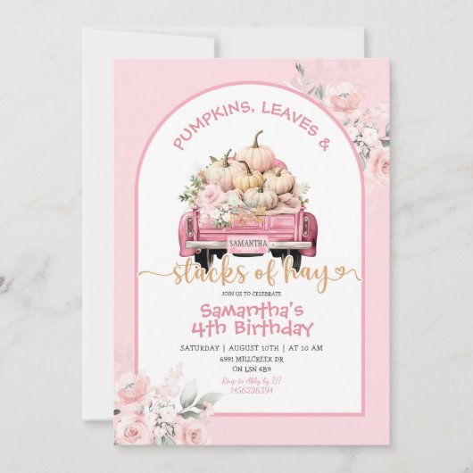 Roze pompoenbladeren en stapels hooi verjaardag kaart (Voorkant)