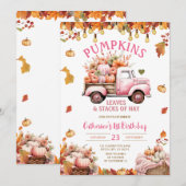 Roze pompoenen bladeren en stapels van hooi verjaa kaart (Voorkant / Achterkant)