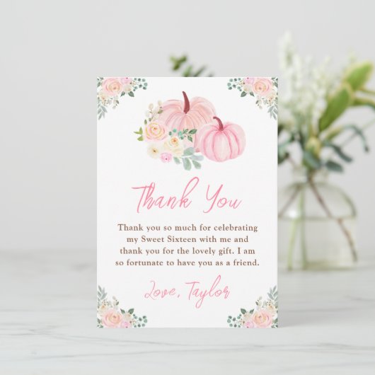 Roze pompoenen Bloemrijk Zoet Zestien Bedankkaart (Staand voorkant)