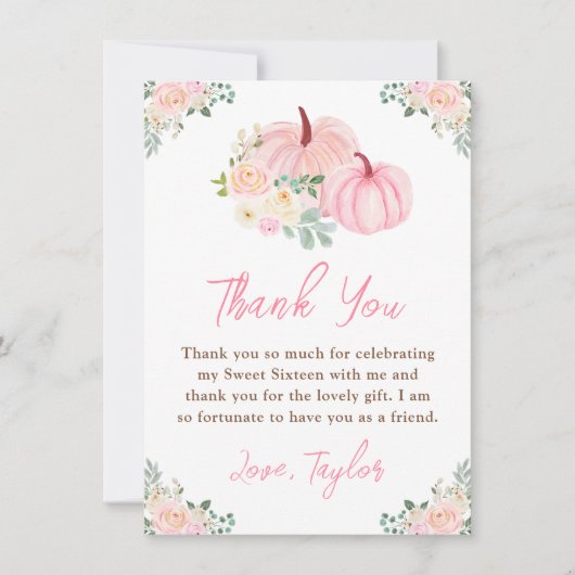 Roze pompoenen Bloemrijk Zoet Zestien Bedankkaart (Voorkant)