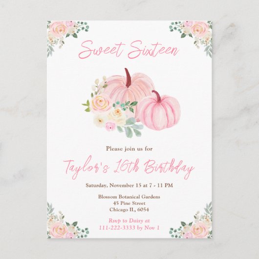 Roze pompoenen bloemrijke Sweet Sixteen Briefkaart (Voorkant)