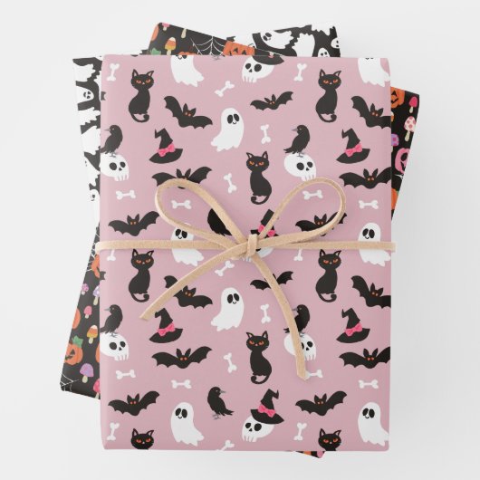 Roze pompoenen geesten schedels Halloween patronen Inpakpapier Vel (In situ)
