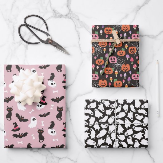 Roze pompoenen geesten schedels Halloween patronen Inpakpapier Vel (Voorkant)