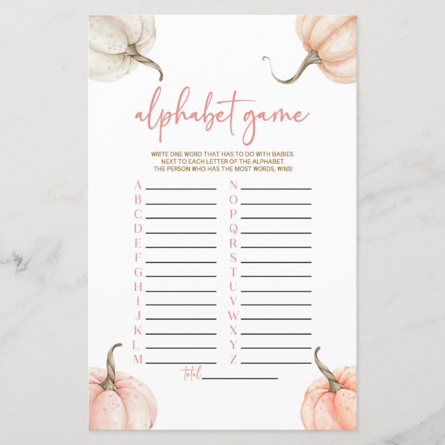 Roze Pompoenen Herfst Alfabet Baby shower Spel (Voorkant)