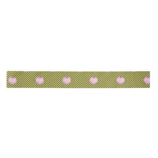 Roze Pompoenen Sage Groene Schattigee Polka Dots Satijnen Lint (Voorkant)