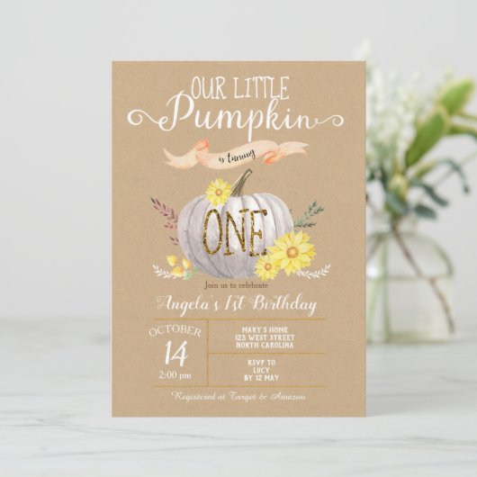 Roze pompoenherfst eerste uitnodiging van één dag (Staand voorkant)