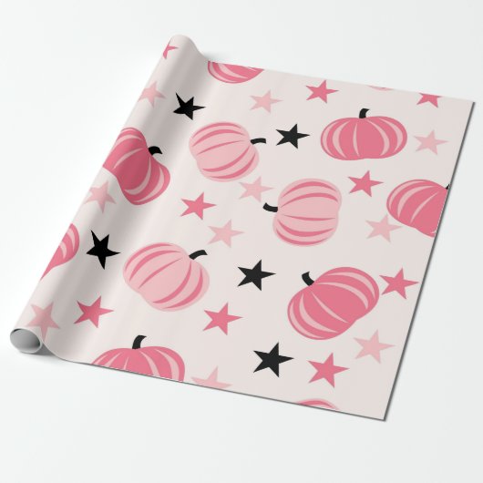 Roze pompoenpatroon met sterren cadeaupapier (Uitgerold)