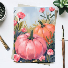 Roze Pompoenpleister Roos Bloemige Waterverf Herfs Feestdagenkaart