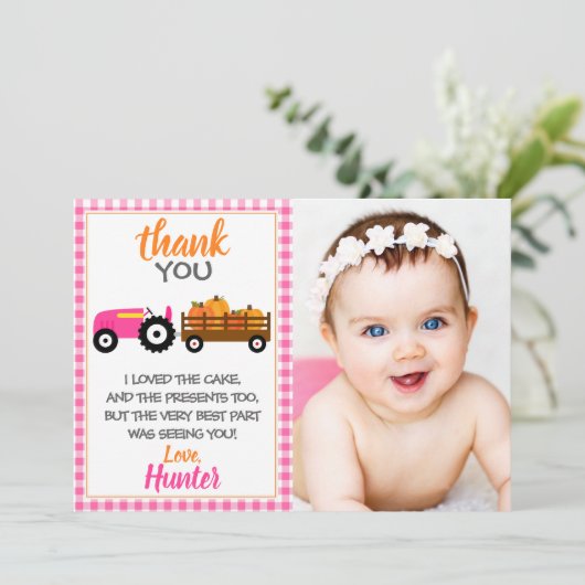 Roze pompoentractor Hartelijk dank Bedankkaart (Staand voorkant)