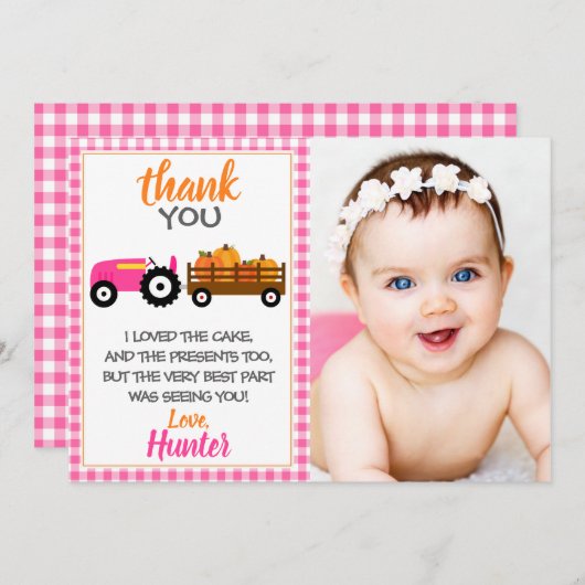 Roze pompoentractor Hartelijk dank Bedankkaart (Voorkant / Achterkant)
