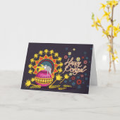 Roze Pongal Pot op Donkerblauw Kaart (Gele Bloem)