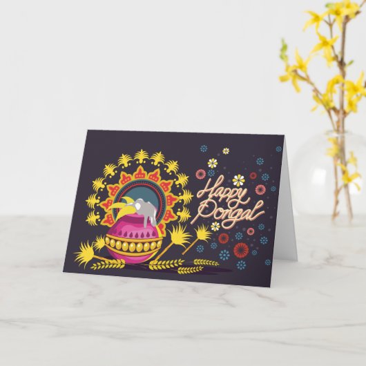 Roze Pongal Pot op Donkerblauw Kaart (Gele Bloem)