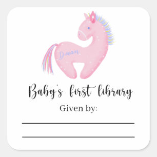 Roze Ponny - Baby Shower boekplaat, boeken voor ba Vierkante Sticker