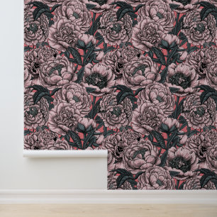 Roze pony-bloemen en -moten behang