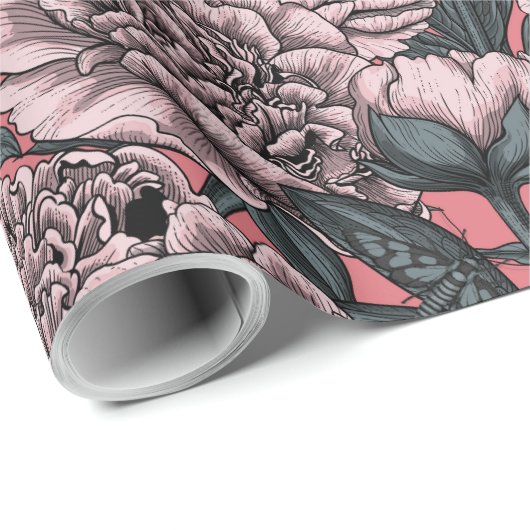 Roze pony-bloemen en -moten cadeaupapier (Rol Hoek)