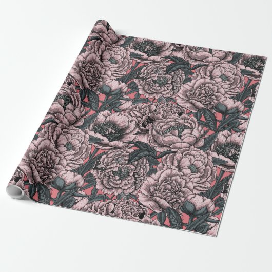 Roze pony-bloemen en -moten cadeaupapier (Uitgerold)