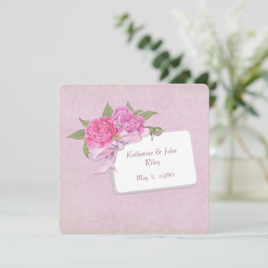 roze pony bouquet met lint kaart (Staand voorkant)