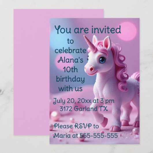 Roze Pony Eenhoorn Verjaardagsfeestje Uitnodiging (Voorkant / Achterkant)