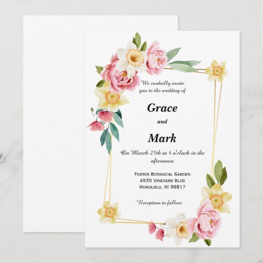 Roze pony en de gele daffodilbruiloft kaart (Voorkant / Achterkant)