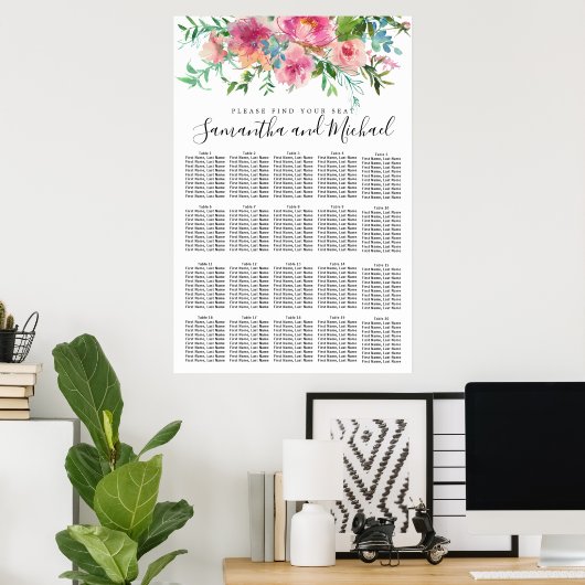 Roze pony Floral 20-Table Wedding Seating Chart Poster (Thuiskantoor)