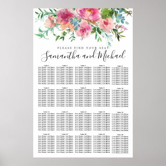 Roze pony Floral 20-Table Wedding Seating Chart Poster (Voorkant)