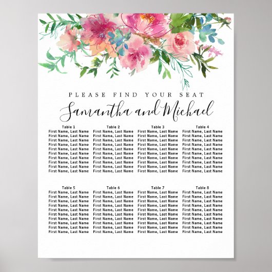 Roze pony Floral - 8-tafel weddenschapenkaart Poster (Voorkant)