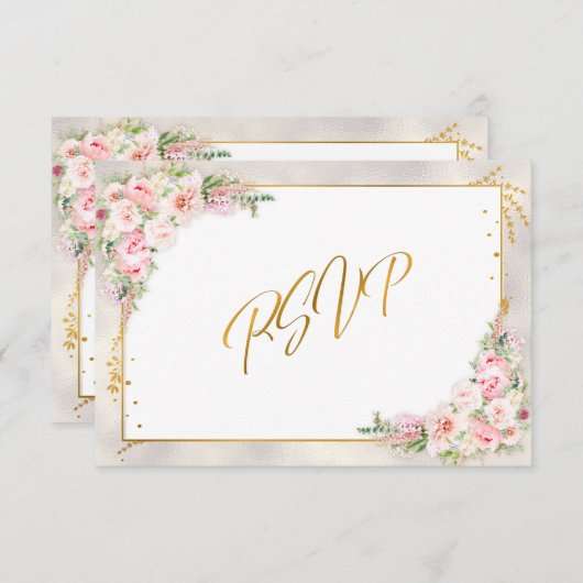 Roze pony Floral Gold Script & Lijst RSVP (Voorkant / Achterkant)