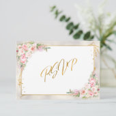 Roze pony Floral Gold Script & Lijst RSVP Kaartje (Staand voorkant)