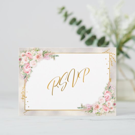 Roze pony Floral Gold Script & Lijst RSVP Kaartje (Staand voorkant)