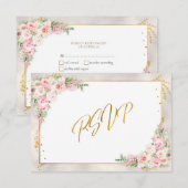 Roze pony Floral Gold Script & Lijst RSVP Kaartje (Voorkant / Achterkant)