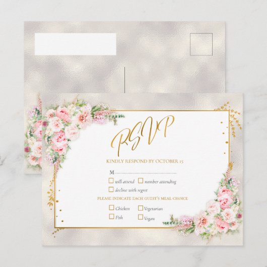 Roze pony Floral Gold Script & Lijst RSVP Uitnodiging Briefkaart (Voorkant / Achterkant)