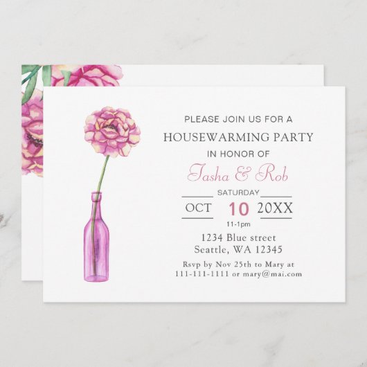 Roze pony Glass Fles Vase Housewarming Kaart (Voorkant / Achterkant)