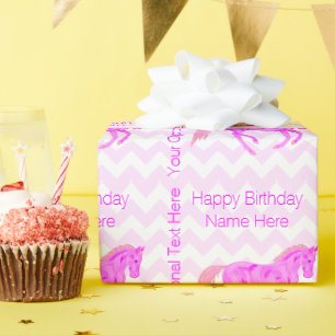 Roze Pony Schattigee Chevron Pattern Happy Birthda Cadeaupapier