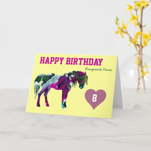 Roze Pony Verjaardag Kaart - Leeftijd 8 (Gele Bloem)