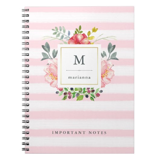  roze pony Waterverf Flowers met Stripes Notitieboek (Voorkant)