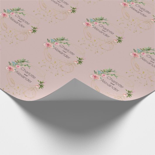 Roze pony's en Abstracte goudnamen op mosterdroze Cadeaupapier (Hoek)