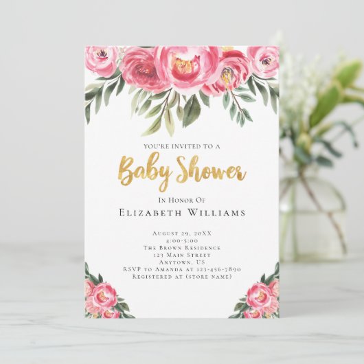 Roze pony's Waterverf Flowers Girl Baby shower Kaart (Staand voorkant)